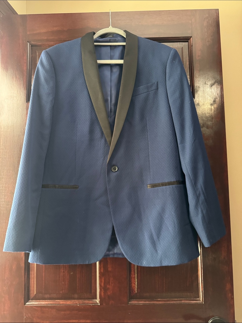 Men's Blue Shawl Collar Tuxedo Jacket with Black Trim